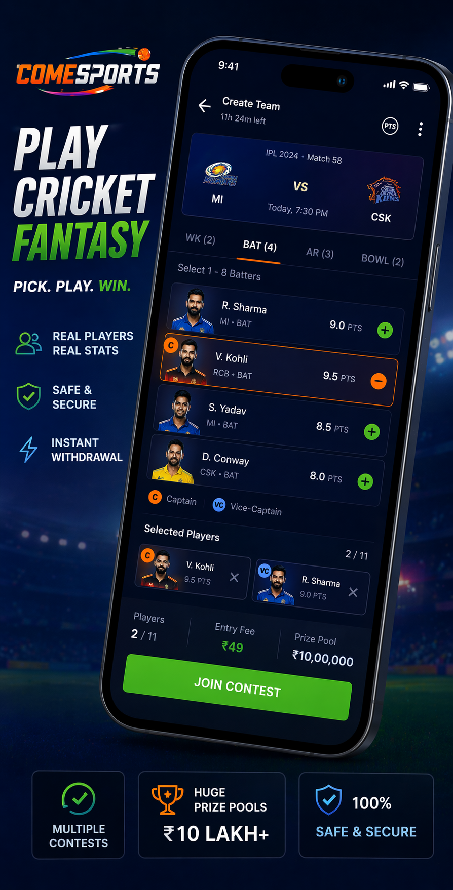 Come India 11 cricket fantasy visual
